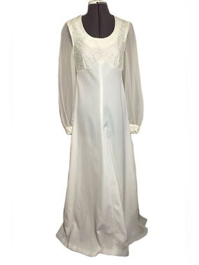 60s/70s Vtg Wedding Dress Sheer Sleeve Empire Waist XS/S